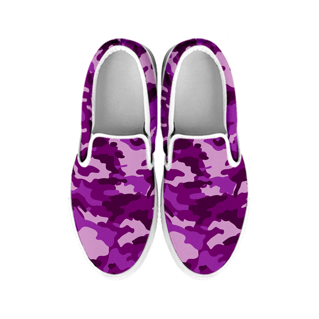 Dark Purple Camouflage Print White Slip On Sneakers