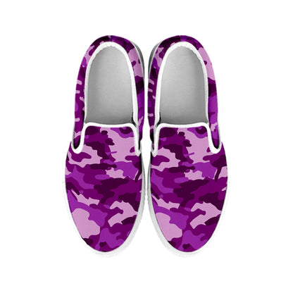 Dark Purple Camouflage Print White Slip On Sneakers