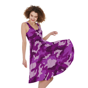Dark Purple Camouflage Print Sleeveless Knee Length Dress GearFrost Dark Purple Camouflage Print Sleeveless Knee Length Dress GearFrost
