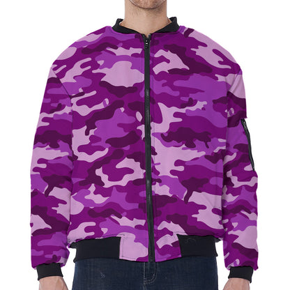 Dark Purple Camouflage Print Zip Sleeve Bomber Jacket
