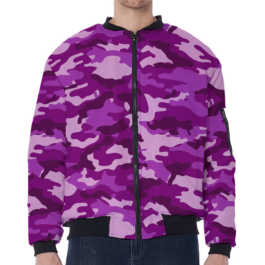 Dark Purple Camouflage Print Zip Sleeve Bomber Jacket