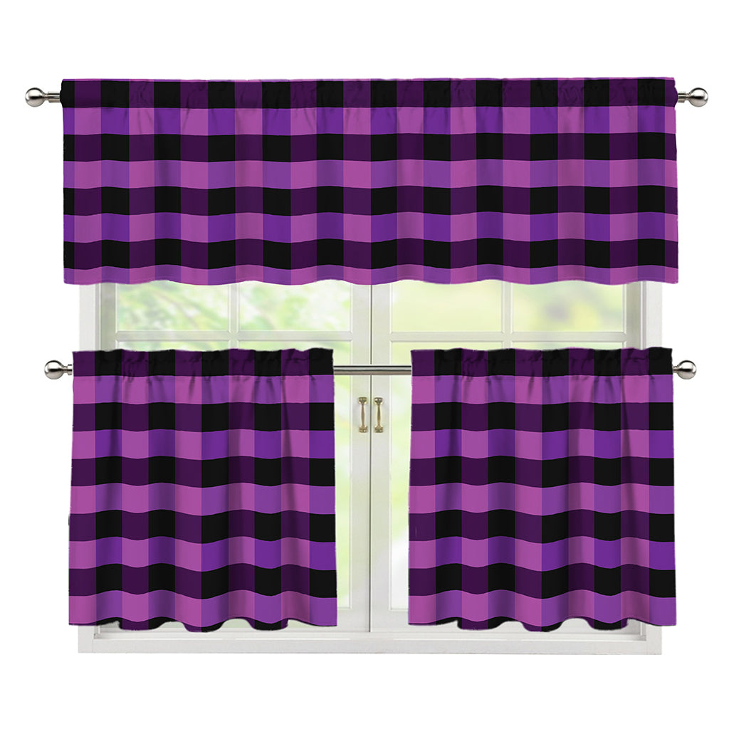 Dark Purple Check Pattern Print 3 Piece Kitchen Curtains