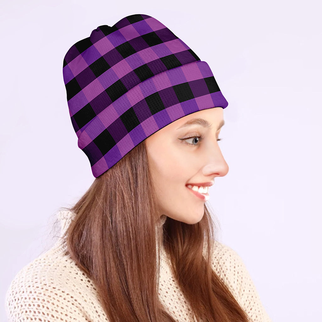 Dark Purple Check Pattern Print Beanie