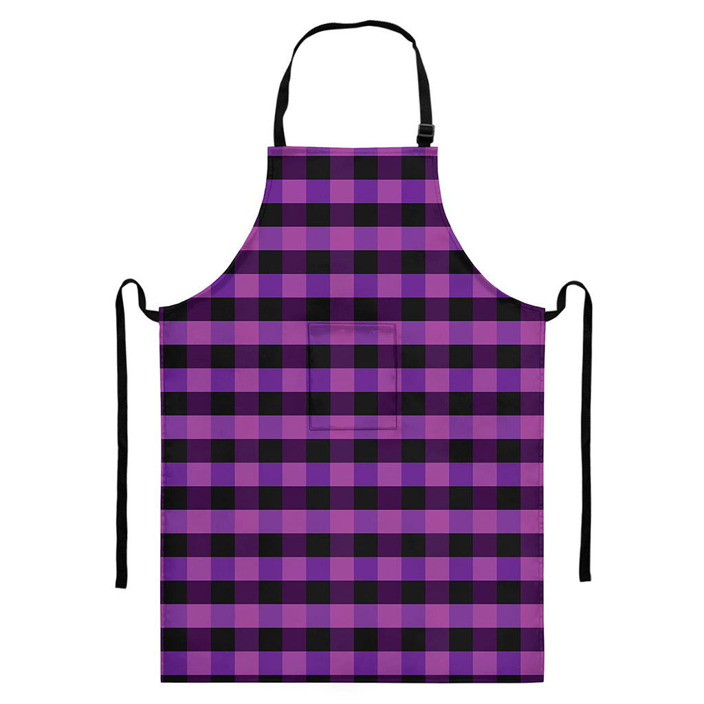 Dark Purple Check Pattern Print Bib Apron With Pocket