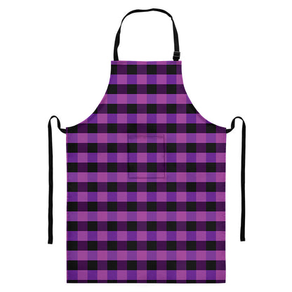 Dark Purple Check Pattern Print Bib Apron With Pocket