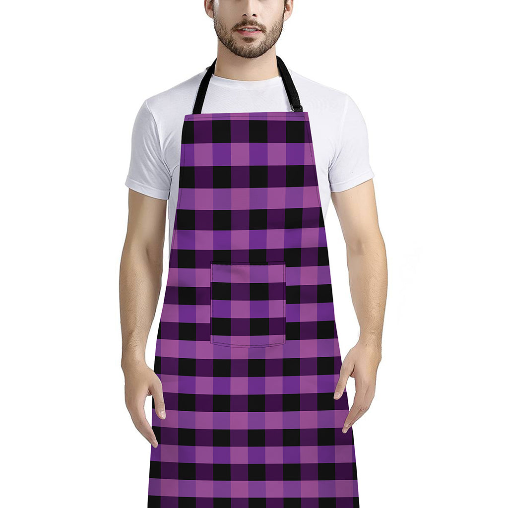 Dark Purple Check Pattern Print Bib Apron With Pocket