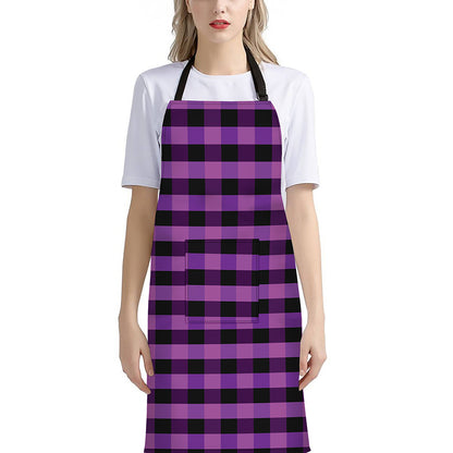 Dark Purple Check Pattern Print Bib Apron With Pocket