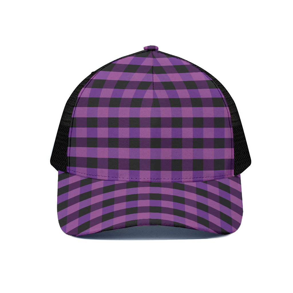 Dark Purple Check Pattern Print Black Mesh Trucker Cap