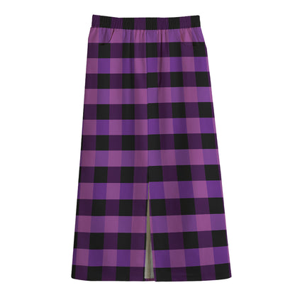 Dark Purple Check Pattern Print Cotton Front Slit Maxi Skirt