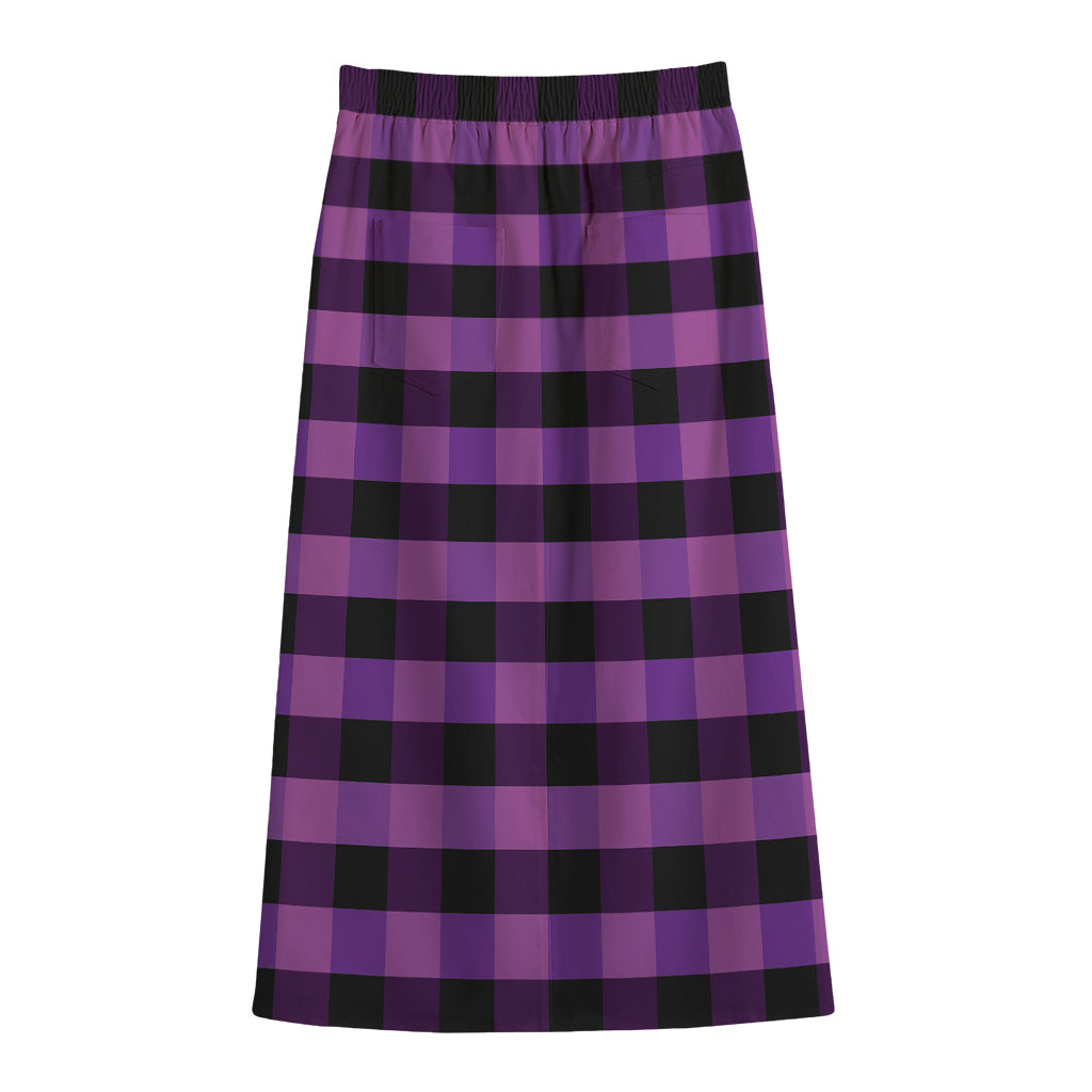 Dark Purple Check Pattern Print Cotton Front Slit Maxi Skirt
