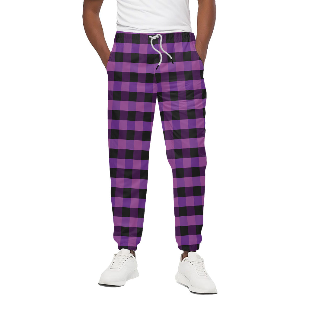 Dark Purple Check Pattern Print Cotton Pants