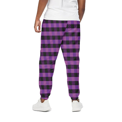 Dark Purple Check Pattern Print Cotton Pants