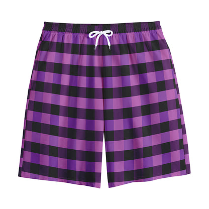 Dark Purple Check Pattern Print Cotton Shorts