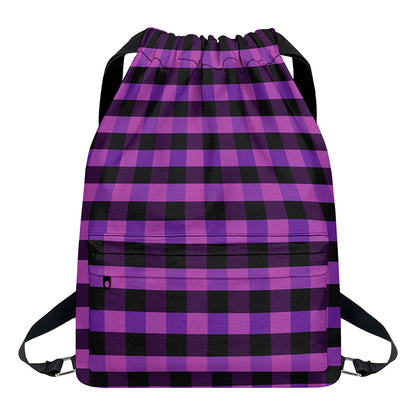 Dark Purple Check Pattern Print Drawstring Backpack