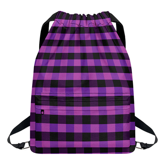 Dark Purple Check Pattern Print Drawstring Backpack