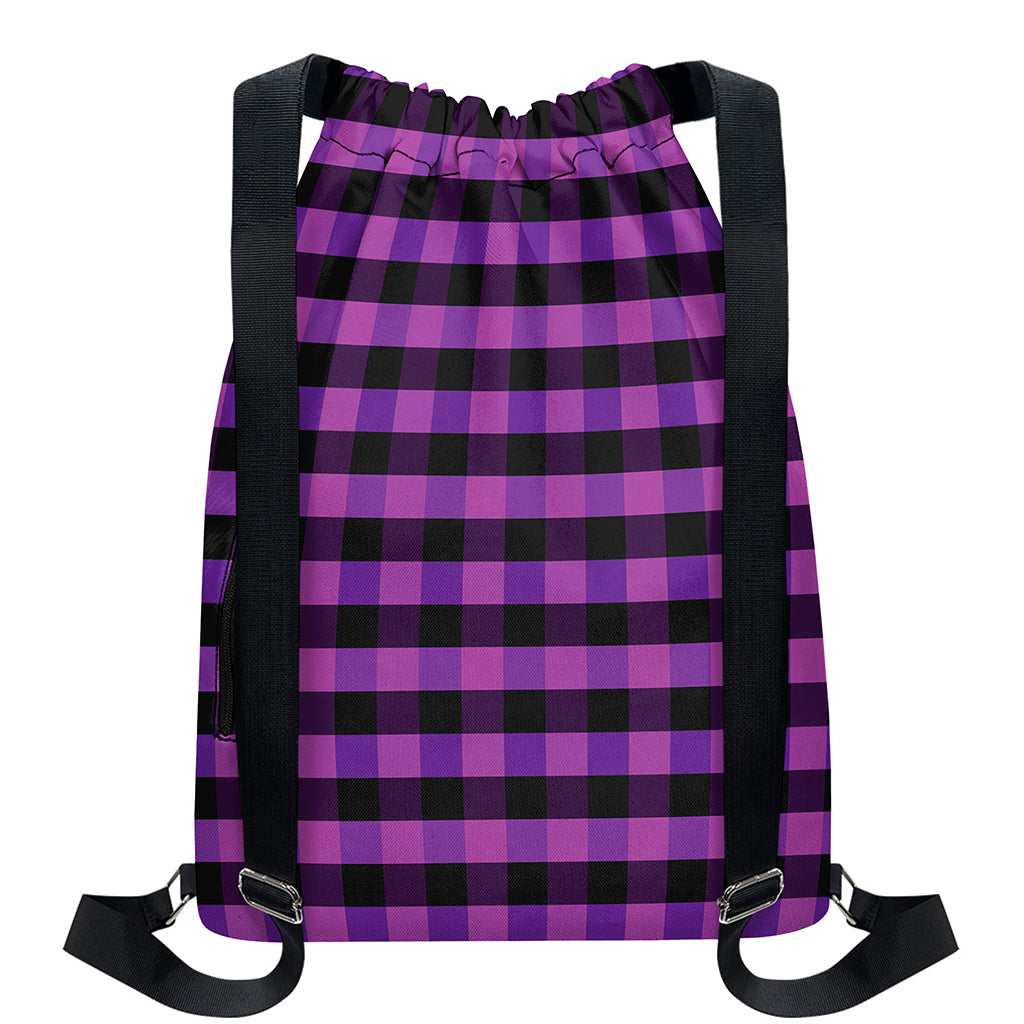 Dark Purple Check Pattern Print Drawstring Backpack