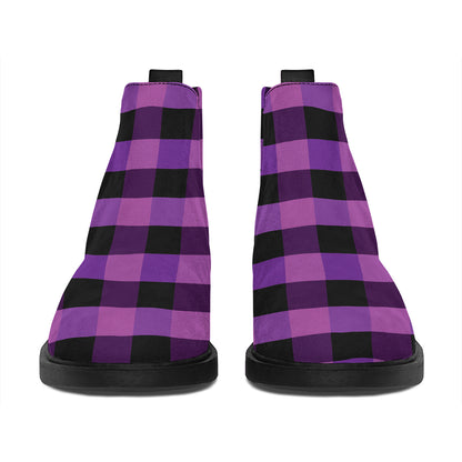 Dark Purple Check Pattern Print Flat Ankle Boots