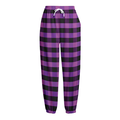 Dark Purple Check Pattern Print Fleece Lined Knit Pants