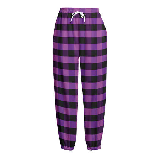 Dark Purple Check Pattern Print Fleece Lined Knit Pants