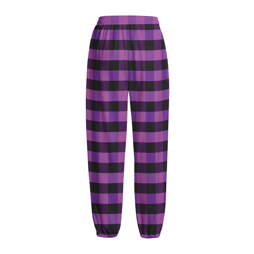 Dark Purple Check Pattern Print Fleece Lined Knit Pants
