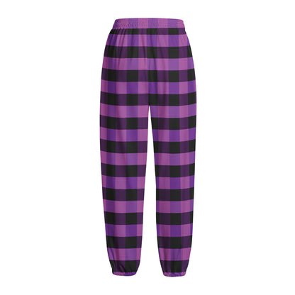 Dark Purple Check Pattern Print Fleece Lined Knit Pants