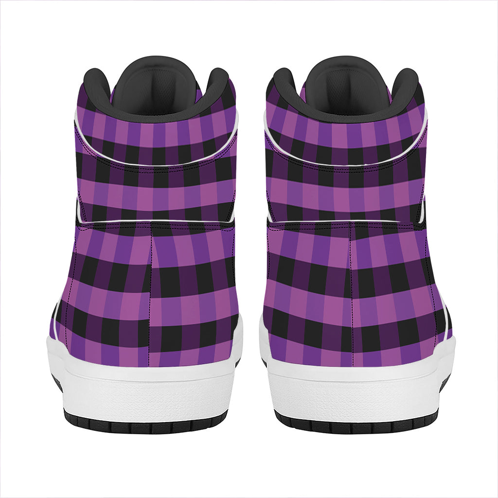Dark Purple Check Pattern Print High Top Leather Sneakers