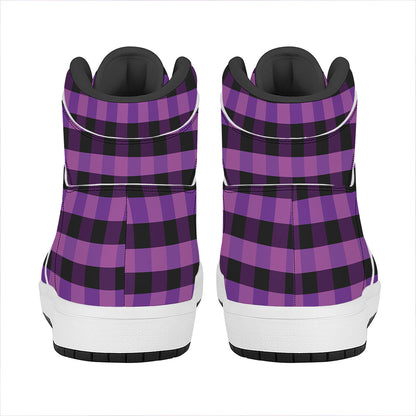 Dark Purple Check Pattern Print High Top Leather Sneakers
