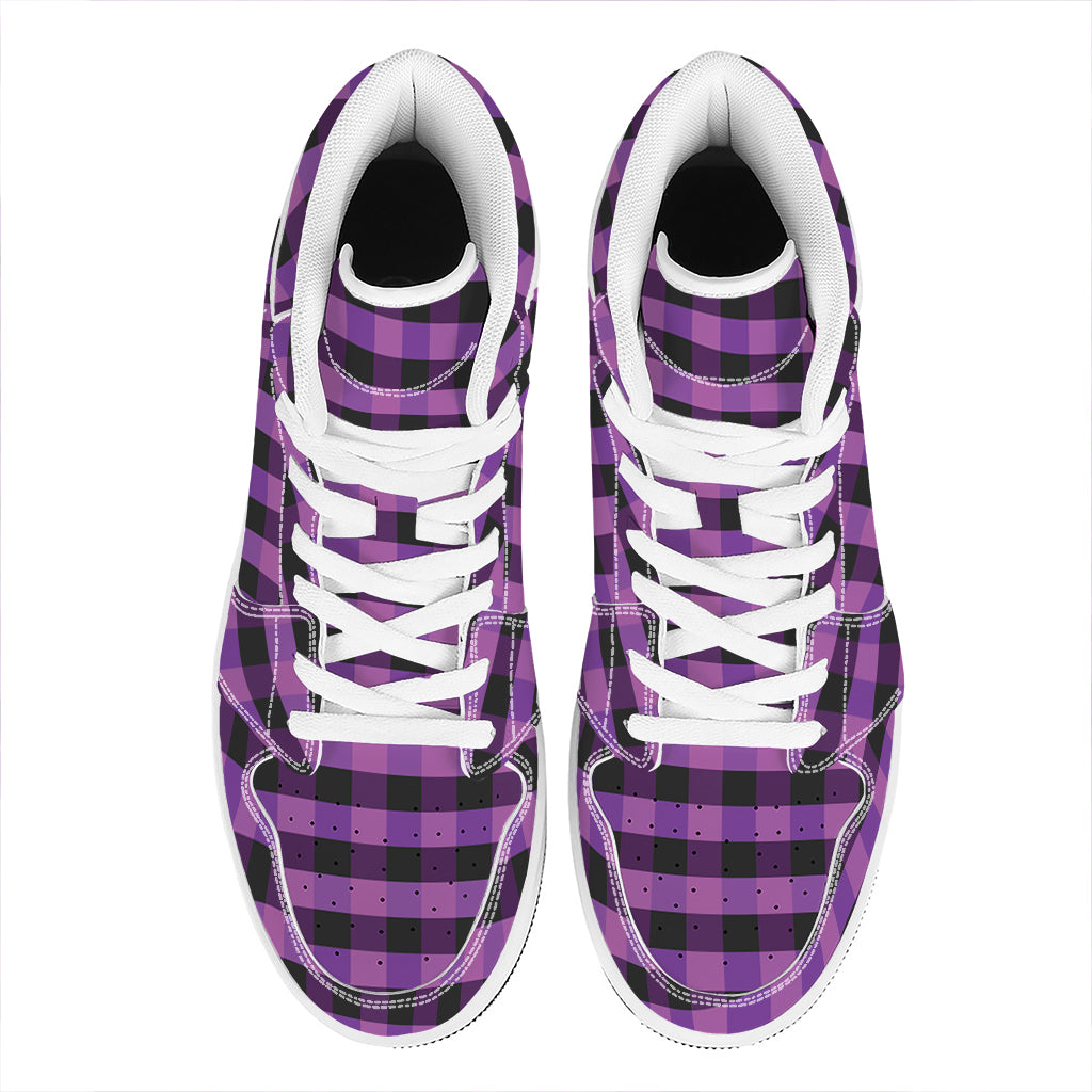 Dark Purple Check Pattern Print High Top Leather Sneakers
