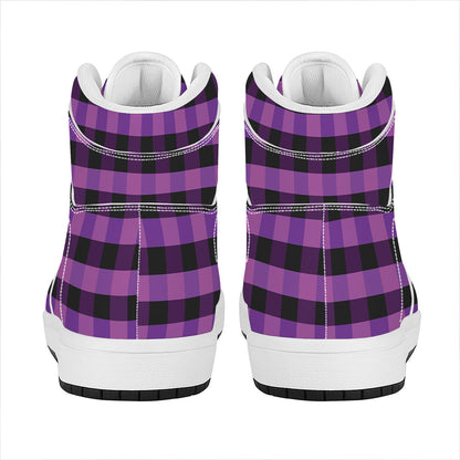 Dark Purple Check Pattern Print High Top Leather Sneakers