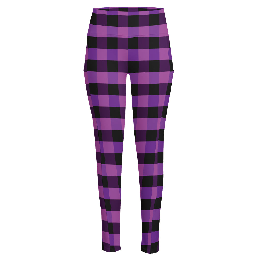 Dark Purple Check Pattern Print High-Waisted Pocket Leggings