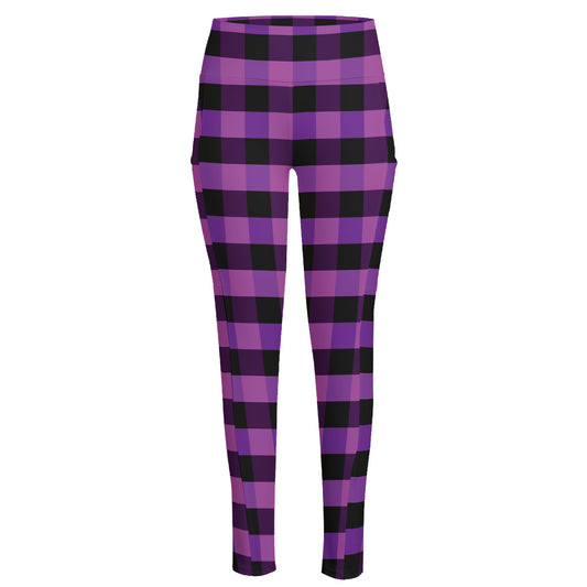 Dark Purple Check Pattern Print High-Waisted Pocket Leggings