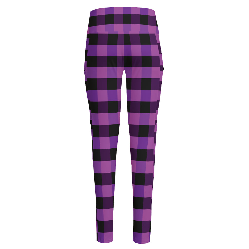 Dark Purple Check Pattern Print High-Waisted Pocket Leggings