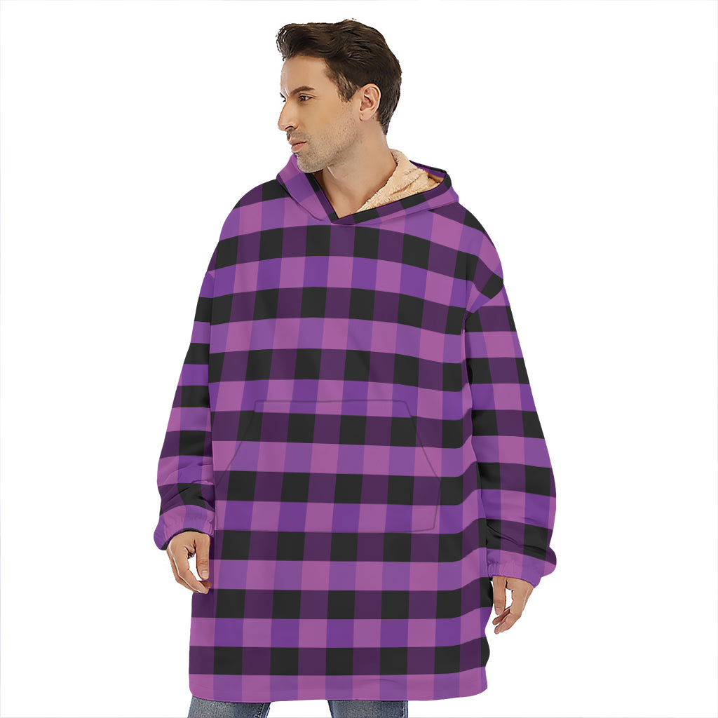 Dark Purple Check Pattern Print Hoodie Blanket