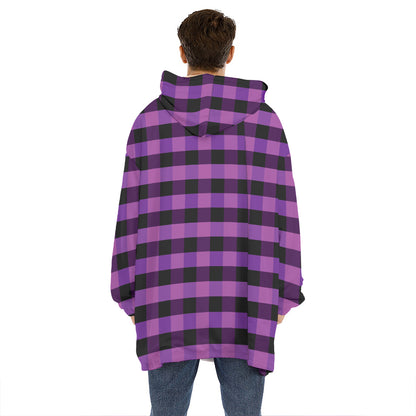 Dark Purple Check Pattern Print Hoodie Blanket