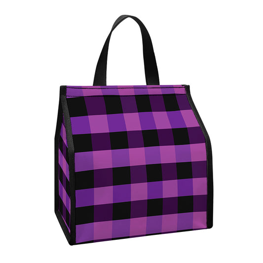 Dark Purple Check Pattern Print Insulated Lunch Tote