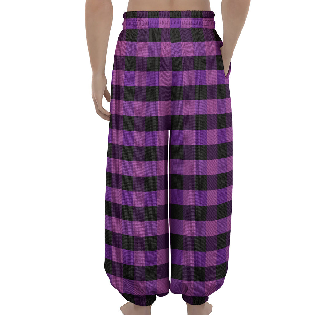 Dark Purple Check Pattern Print Lantern Pants