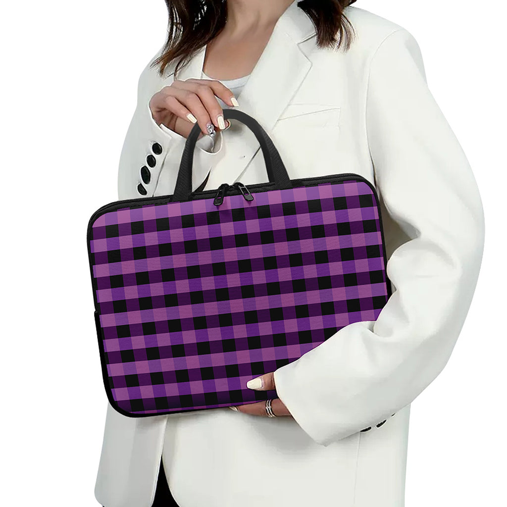 Dark Purple Check Pattern Print Laptop Sleeve With Handle