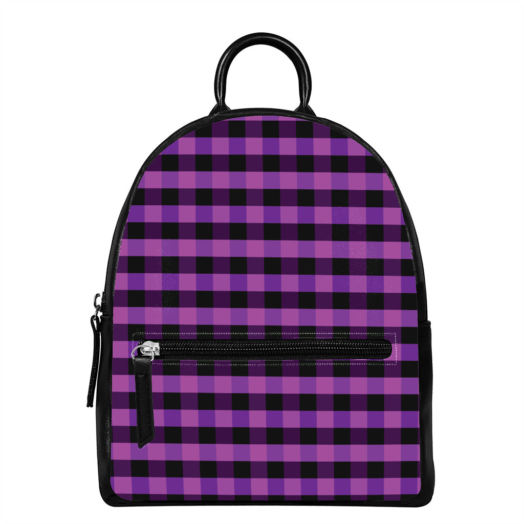 Dark Purple Check Pattern Print Leather Backpack