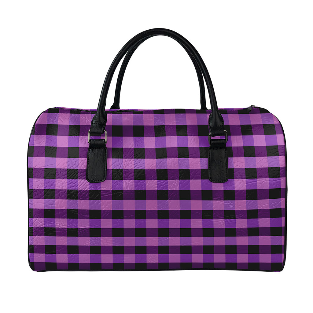 Dark Purple Check Pattern Print Leather Duffle Bag
