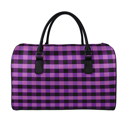 Dark Purple Check Pattern Print Leather Duffle Bag
