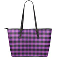 Dark Purple Check Pattern Print Leather Tote Bag With Zipper
