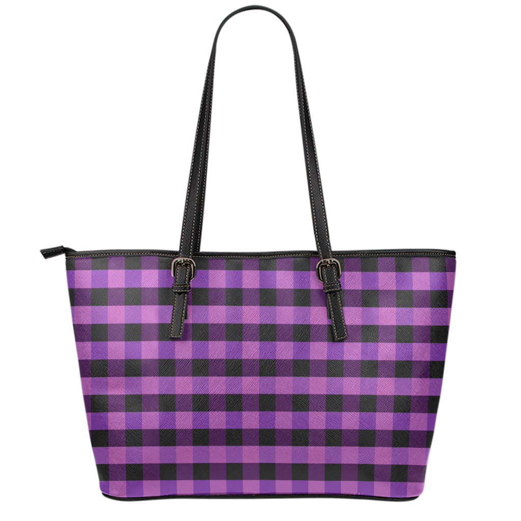 Dark Purple Check Pattern Print Leather Tote Bag