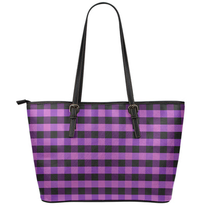 Dark Purple Check Pattern Print Leather Tote Bag
