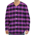 Dark Purple Check Pattern Print Long Sleeve Baseball Jersey