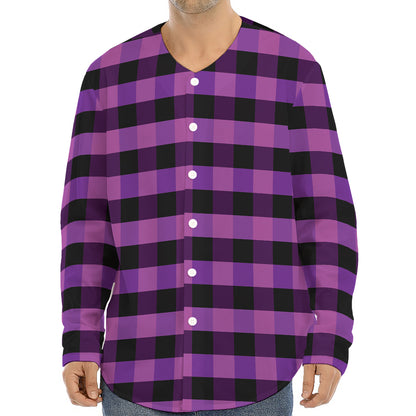 Dark Purple Check Pattern Print Long Sleeve Baseball Jersey
