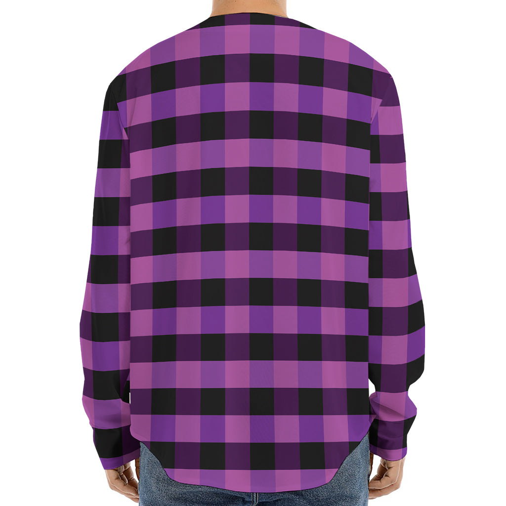 Dark Purple Check Pattern Print Long Sleeve Baseball Jersey