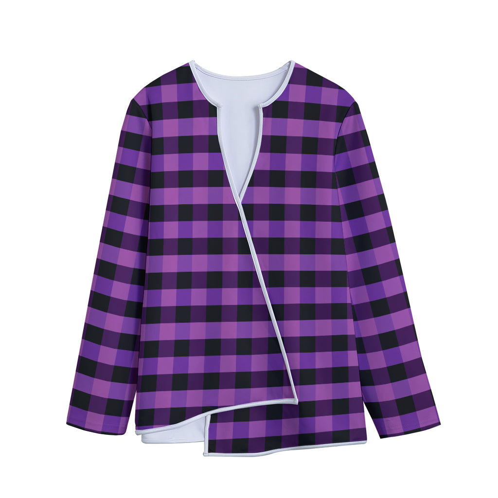 Dark Purple Check Pattern Print Long Sleeve Short Coat