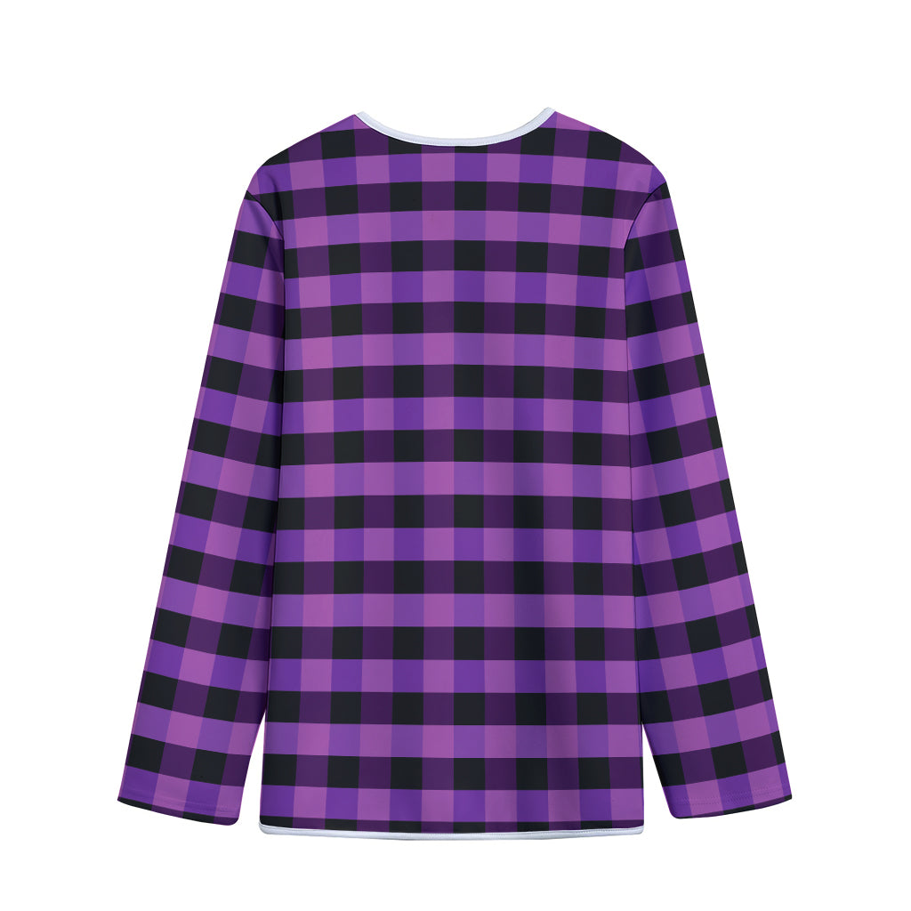 Dark Purple Check Pattern Print Long Sleeve Short Coat