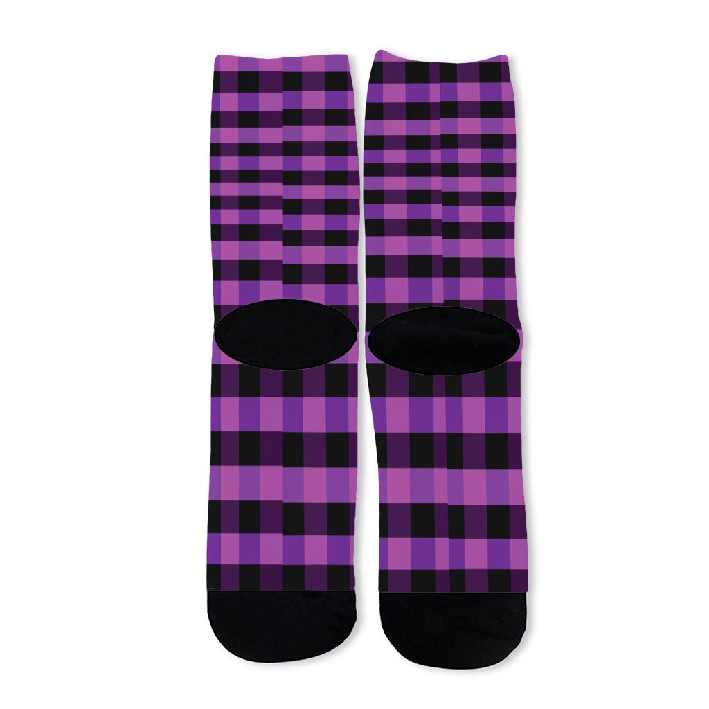 Dark Purple Check Pattern Print Long Socks