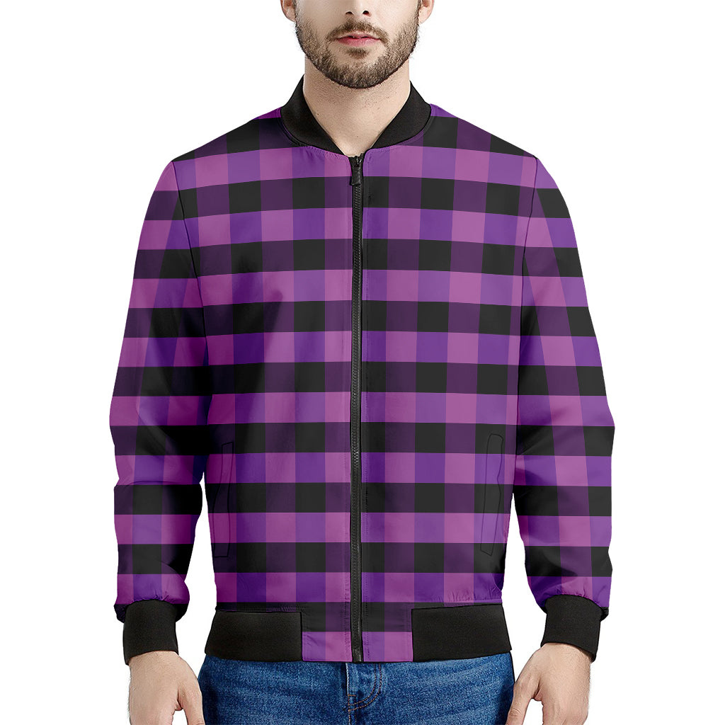 Dark Purple Check Pattern Print Men's Bomber Jacket